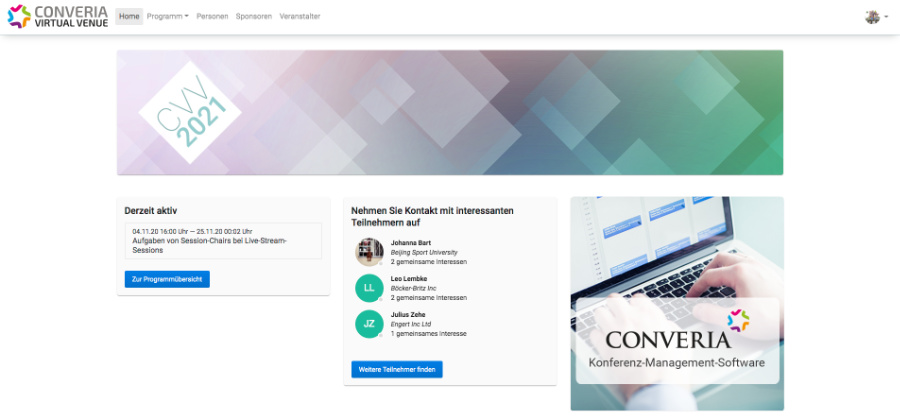 Converia Virtual Venue | Startseite mit Platzhalter für Sponsorenlogos