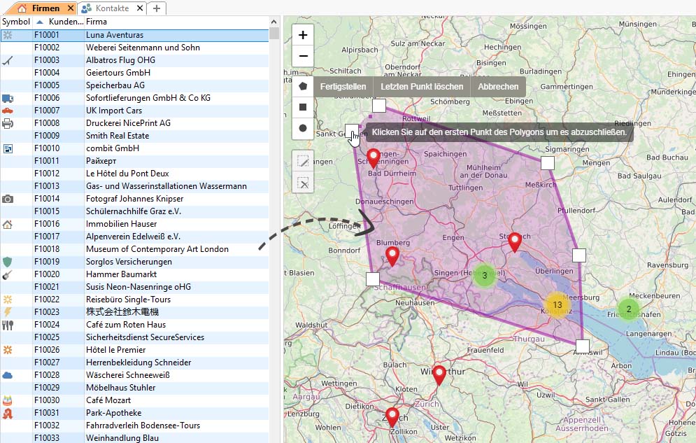 combit CRM | Einladungen - Landkarte Filter erstellen