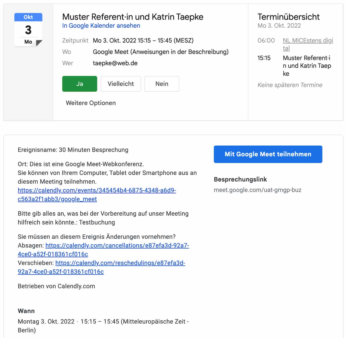 Google-Meet Einladung für eine Muster-Referentin