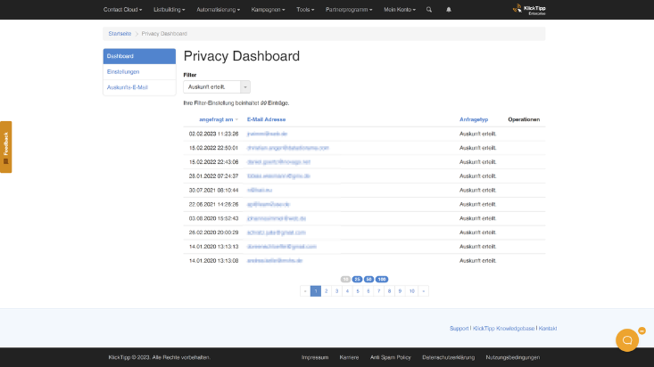Privacy-Dashboard in KlickTipp: 99 Auskünfte wurden halbautomatisch erteilt