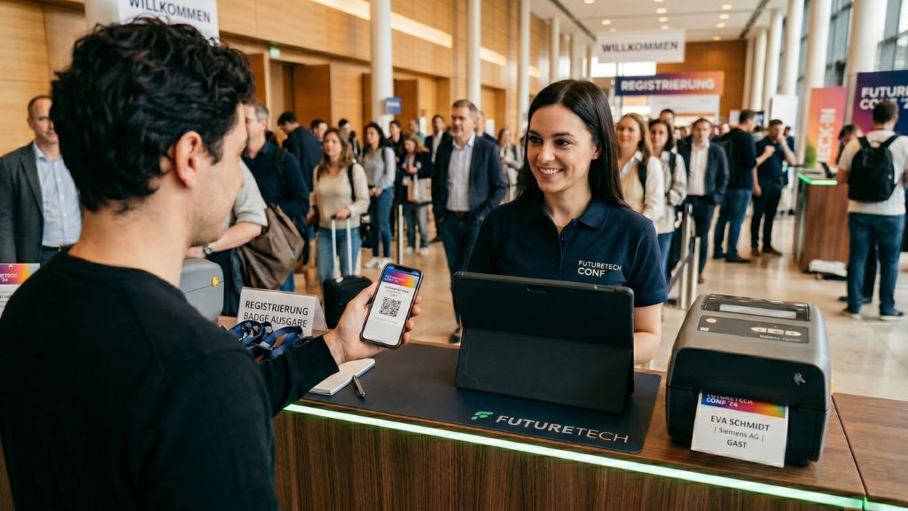 Check-in am Event mit Software und Live-Badge-Druck Mitarbeiter scannt am Check-in-Counter mit einer Check-in-Software einen Teilnehmer-Badge ein