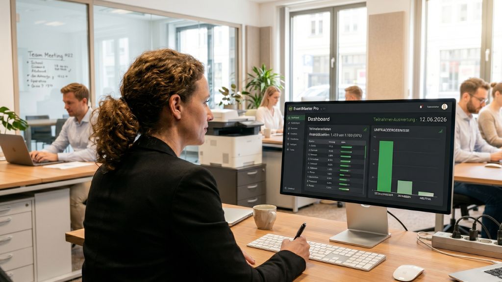 Auswertung der Teilnehmerdaten in der Event-Software Projektleiterin prüft Anmeldezahlen und Teilnehmerlisten in einer Software für das Teilnehmermanagement