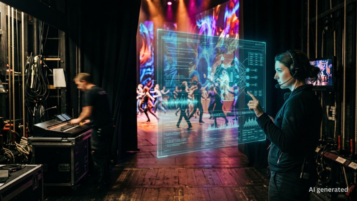 KI-Konzept für Events: Regieassistentin beobachtet KI-Bühnenprojektionen backstage